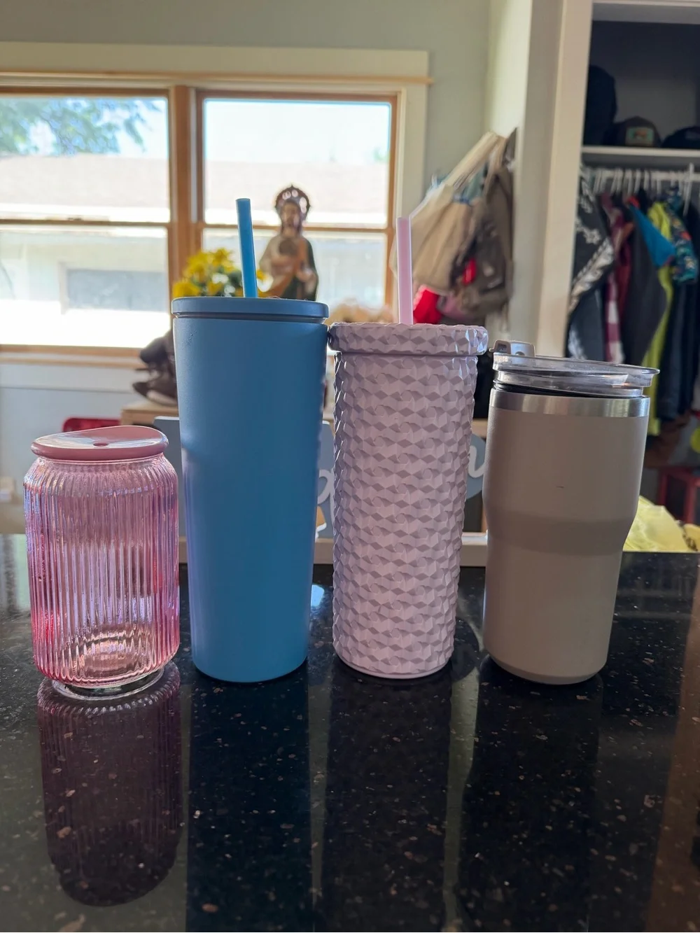 Yeti Tumbler Set in Mint, Pink and Black with Orange Hydro Flask